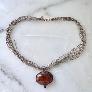 Silver Multi-Strand Necklace with Amber Pendant